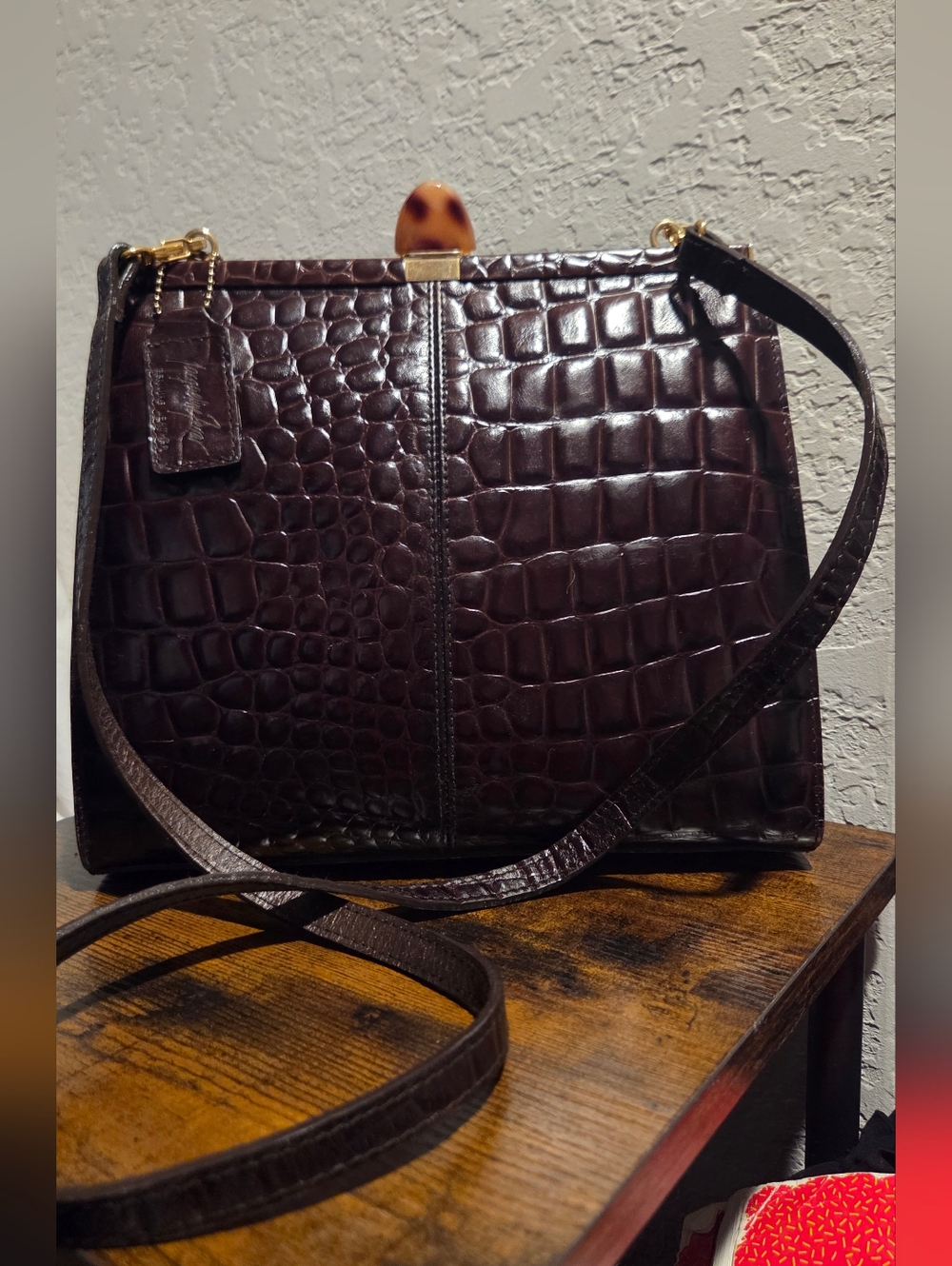Jacqueline Ferrar Croc-Embossed Dark Brown Shoulder Bag